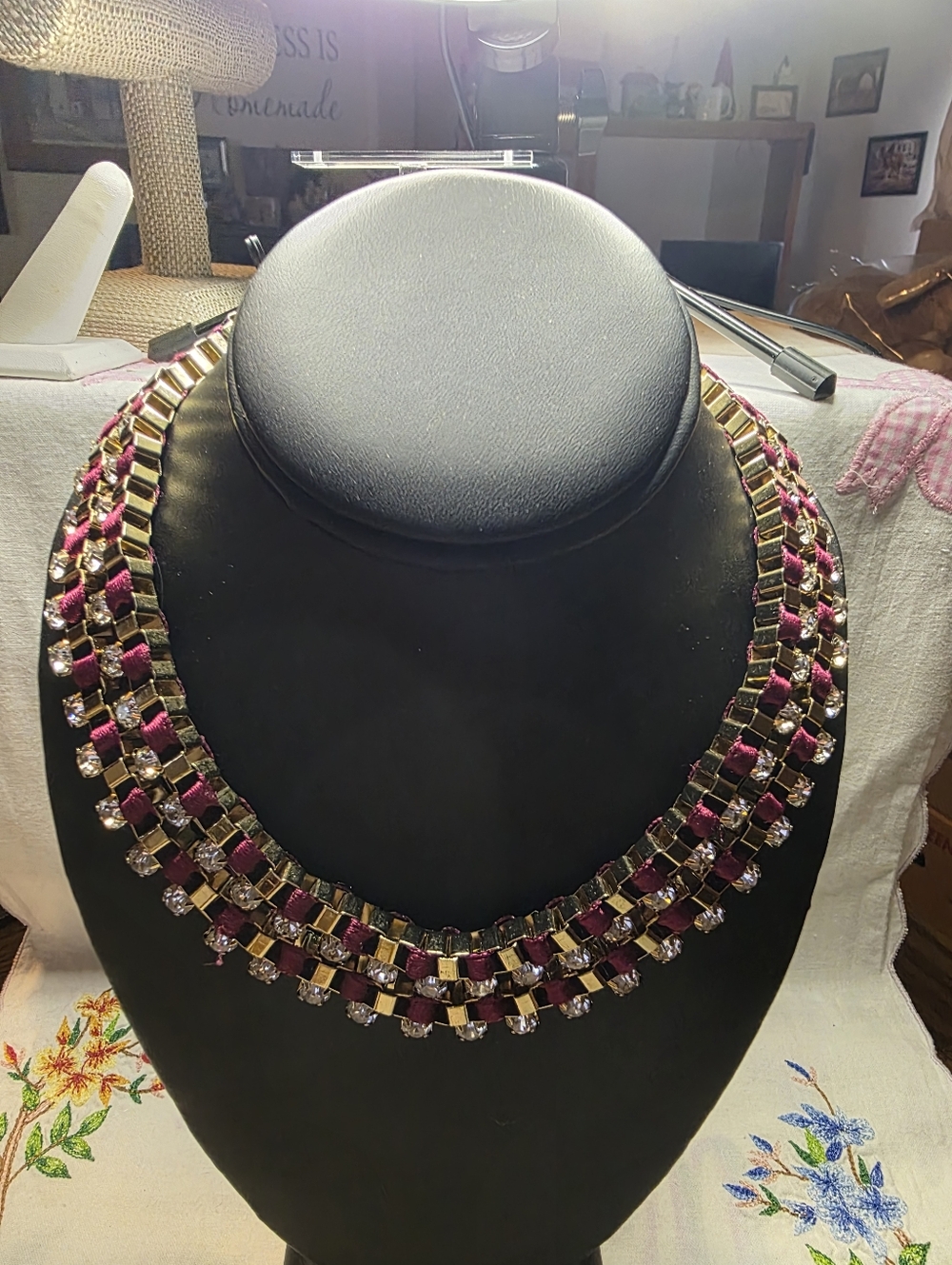Stunning Brooks Brothers Clear Rhinestones Prong Set Rich Burgundy Ribbon Choker